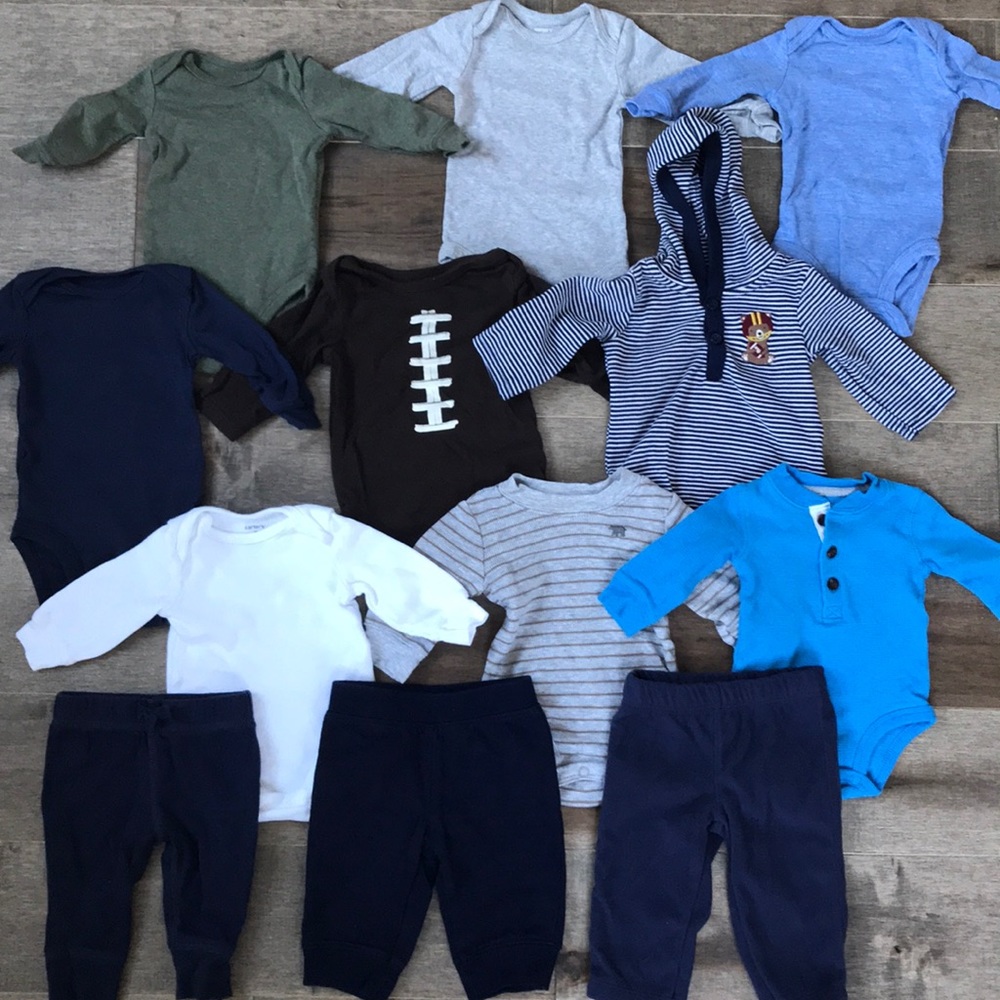 9 Carter’s long sleeve bodysuits and 3 pants
